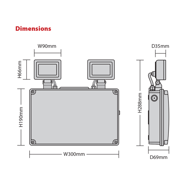 Red Arrow JUNO 65 Site, Emergency NM Twin Spot, High Output LED, IP65, 110V Dimensions