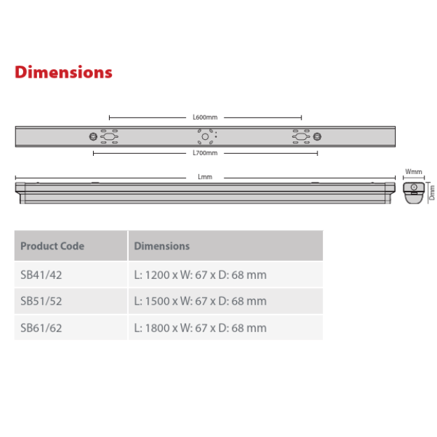 Red Arrow LED SABRE CCT Selectable Batten Fittings - Dimensions