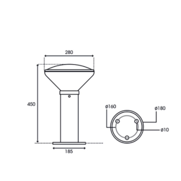 ASBAC Portland Solar Bollard 450mm Flange Mount Product Dimension