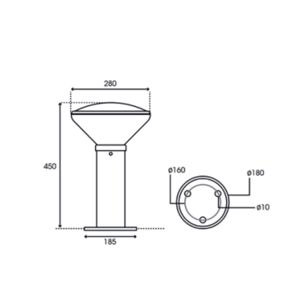 ASBAC Portland Solar Bollard 450mm Flange Mount Product Dimension