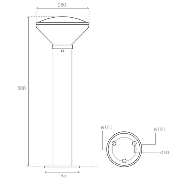 ASBAC Portland Solar Bollard 800mm Flange Mount Product Dimension