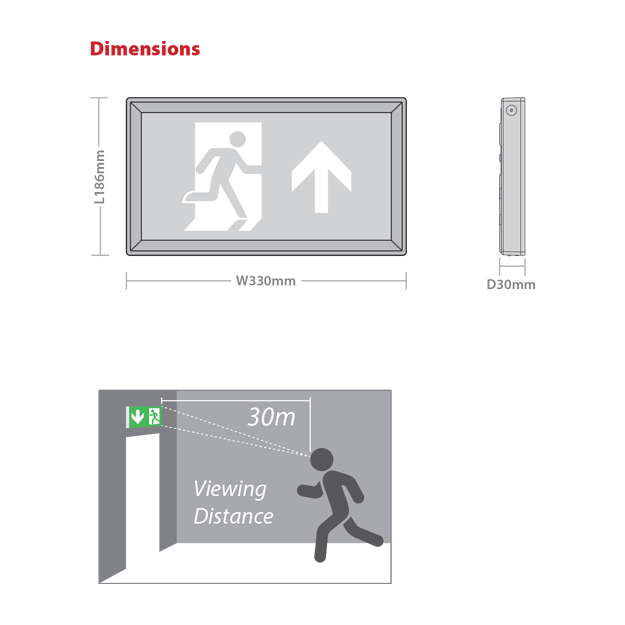 Red Arrow Artemis Sleek LED Emergency Exit Sign - IP20, LiFePO4, 3.2W Dimensions
