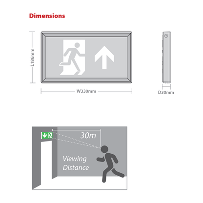 Red Arrow Artemis Sleek LED Emergency Exit Sign - IP20, LiFePO4, 3.2W Dimensions