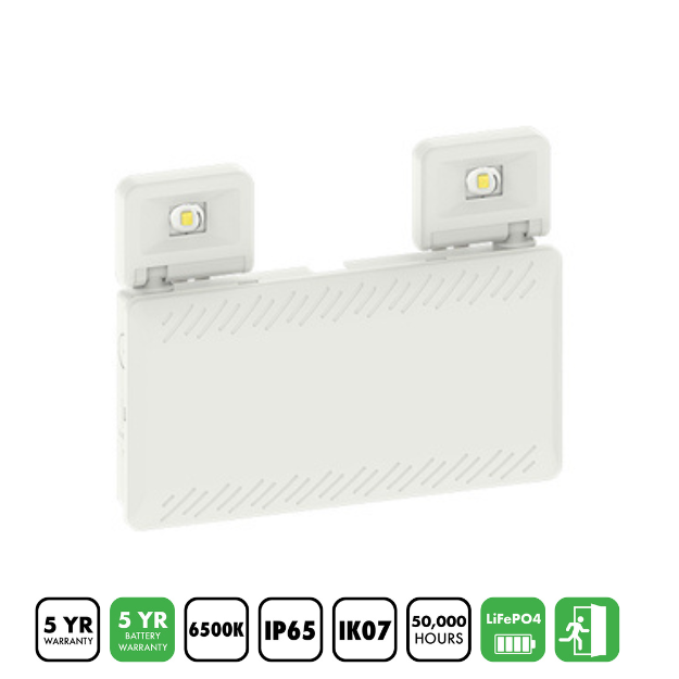 BLE Devonshire LED Emergency Twin Spot - EL-142151 - IP65, IK07, LiFePO4 Battery, Square Heads - Product Features
