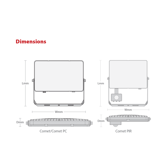 Red Arrow COMET Slim Floodlights IP65 PIR, Photocell, Prewired, U-bracket, 230v Dimensions