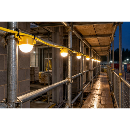 110v LED festoon lighting suspended along a scaffold walkway on a construction site