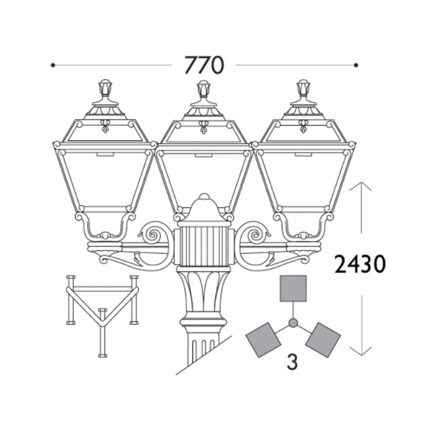 Fumagalli GOLIA RICU-BISSO TRIPLE Lamp Post - IP55, 6.5W, 2400lm Product Dimension