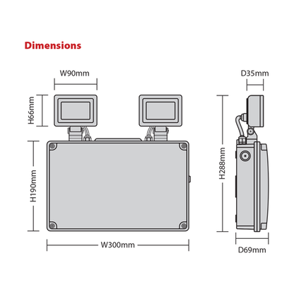 Red Arrow JUNO 65 Site, Emergency NM Twin Spot, High Output LED, IP65, 110V Dimensions