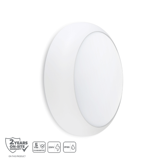Red Arrow Platinum LED Bulkhead, High Output, IP65, IK10, 3CCT, 18W - PLT18 White Bezel with Features and Warranty Icon