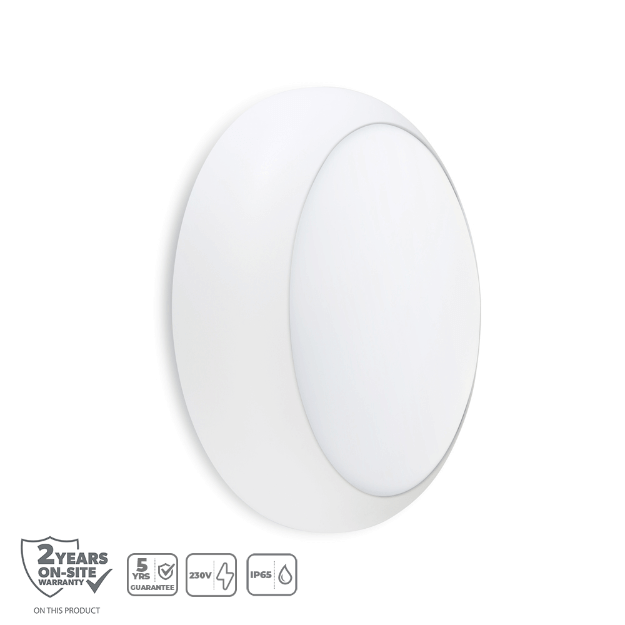 Red Arrow Platinum LED Bulkhead, High Output, IP65, IK10, 3CCT, 18W - PLT18 White Bezel with Features and Warranty Icon