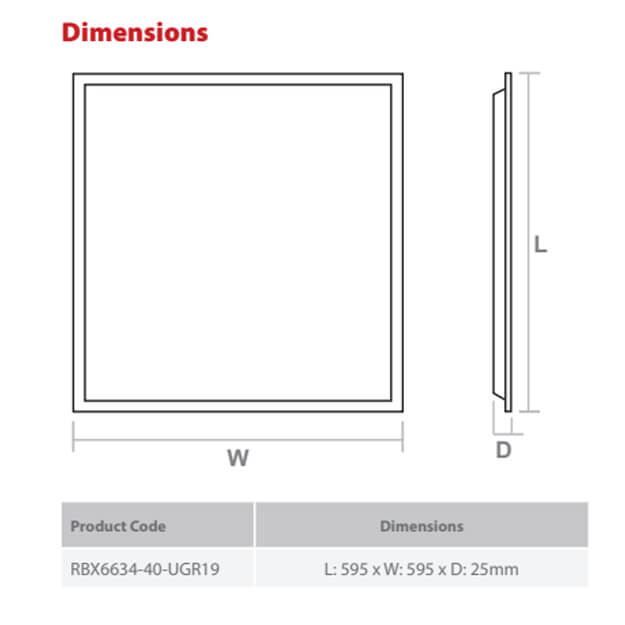 Red Arrow Rhombus Plus Low Glare LED Panel, UGR&lt;19, TP(a) Diffuser, 105 lm/W Dimensions