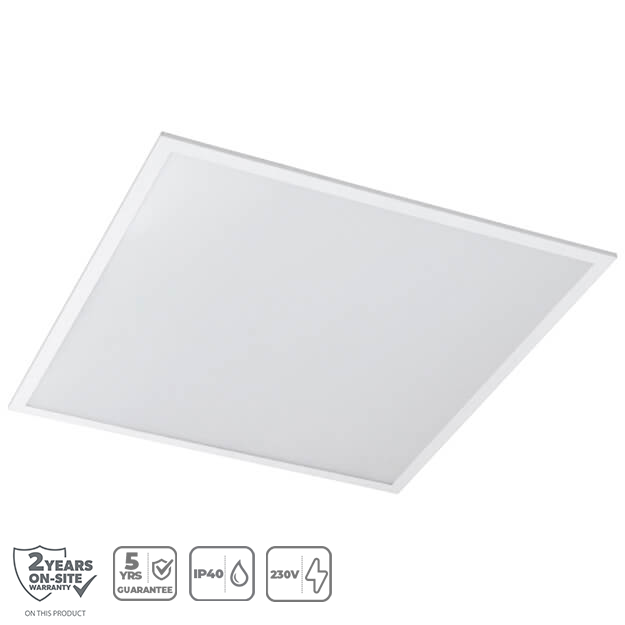 Red Arrow Rhombus Plus Low Glare LED Panel, UGR<19, TP(a) Diffuser, 105 lm/W Front View with Warranty Icons