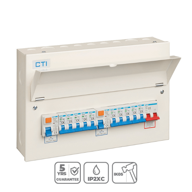 Red Arrow 16 Way Consumer Unit with 2 x 100A Mains Isolator and 2 x 100A Type A RCDs includes 10 MCBs Product Features