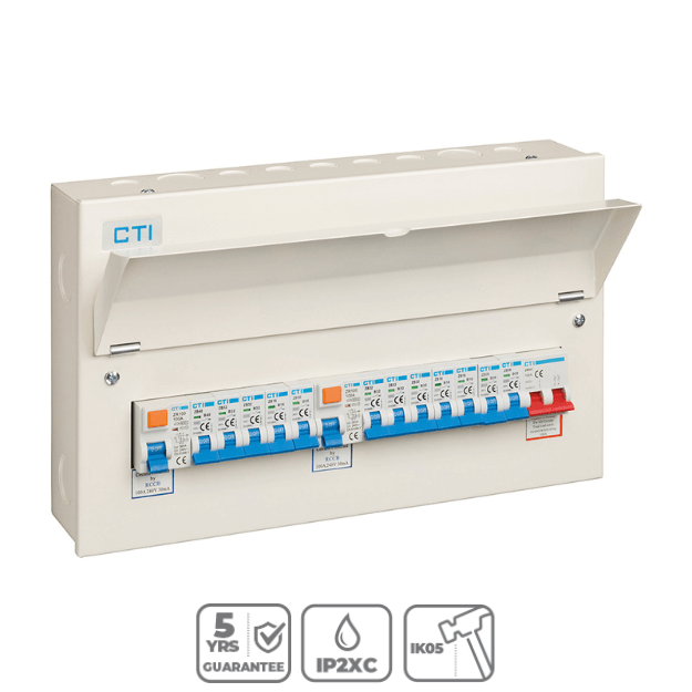 Red Arrow 18 Way Consumer Unit with 2 x 100A Mains Isolator and 2 x 100A Type A RCDs includes 12 MCBs Product Features