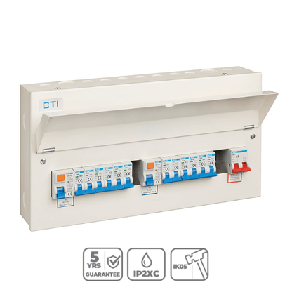 Red Arrow 21 Way Consumer Unit with 2 x 100A Mains Isolator and 2 x 100A Type A RCDs includes 12 MCBs Product Features