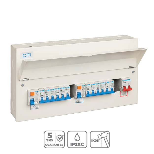 Red Arrow 21 Way Consumer Unit with 2 x 100A Mains Isolator and 2 x 100A Type A RCDs includes 12 MCBs Product Features