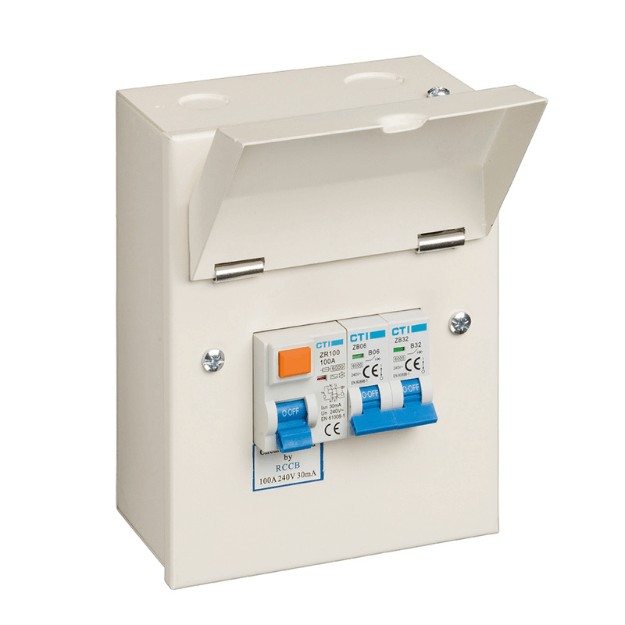 Red Arrow 4 Way Garage Consumer Unit with 1 x 100A Mains Isolator and 1 x 100A Type A RCD and 2 MCBs