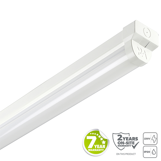 Red Arrow High Performance LED Batten, Osram driver, 130 lm/W, IP20, IK06 - Front View with Feature Icons