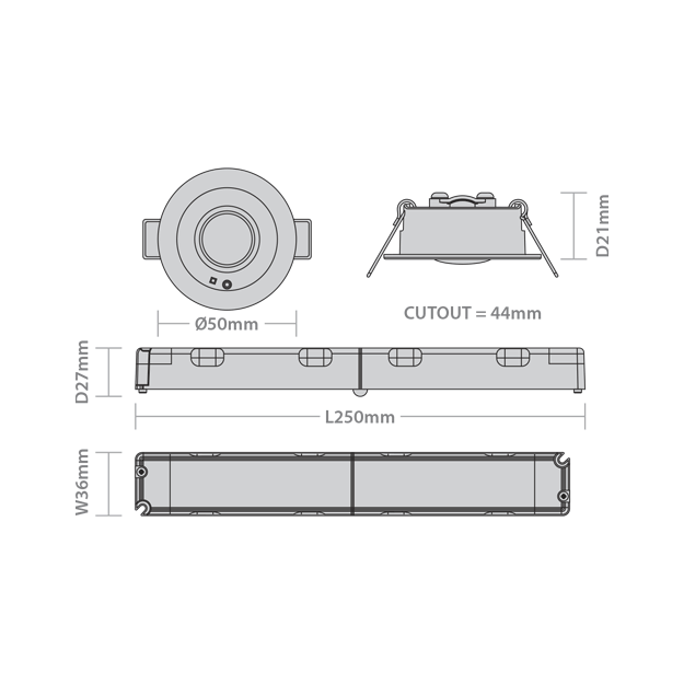 Red Arrow Sentinel Pro Recessed LED Bulkhead - LiFeP04, 50mm, 2W, IP20 Dimensions