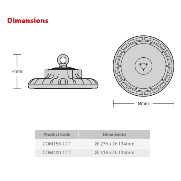 LED High Bays - Commando Plus - Selectable Wattage and CCT - Dimensions