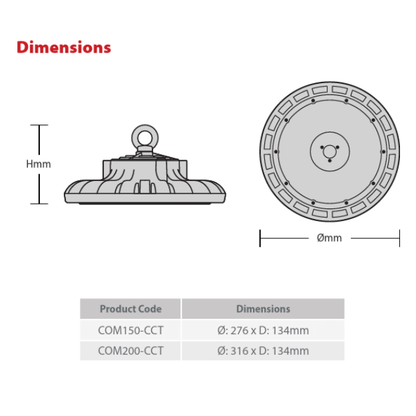 LED High Bays - Commando Plus - Selectable Wattage and CCT - Dimensions