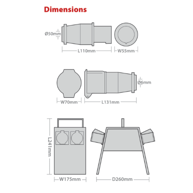 Dimensions - Red Arrow 110v Splitter Box and Couplers - 110v Accessories